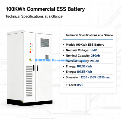 100KWh 384V LiFePO4 ESS خزانة تخزين الطاقة بطارية 280Ah لمزرعة الطاقة الشمسية والشبكة الصغيرة التجارية