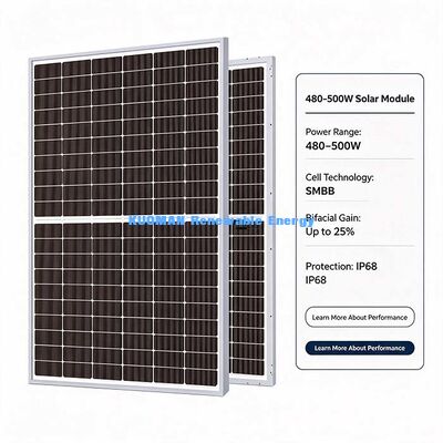 480W-500W لوحة شمسية مزدوجة الجانب، ما يصل إلى 25 ٪ مكاسب طاقة إضافية على الجانب الخلفي